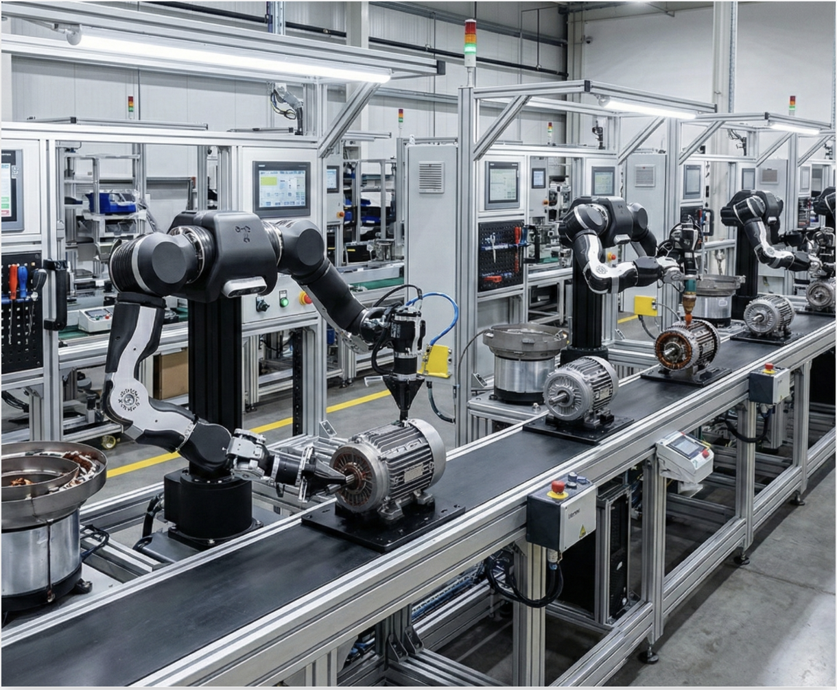 Industrial robotic arms on assembly line